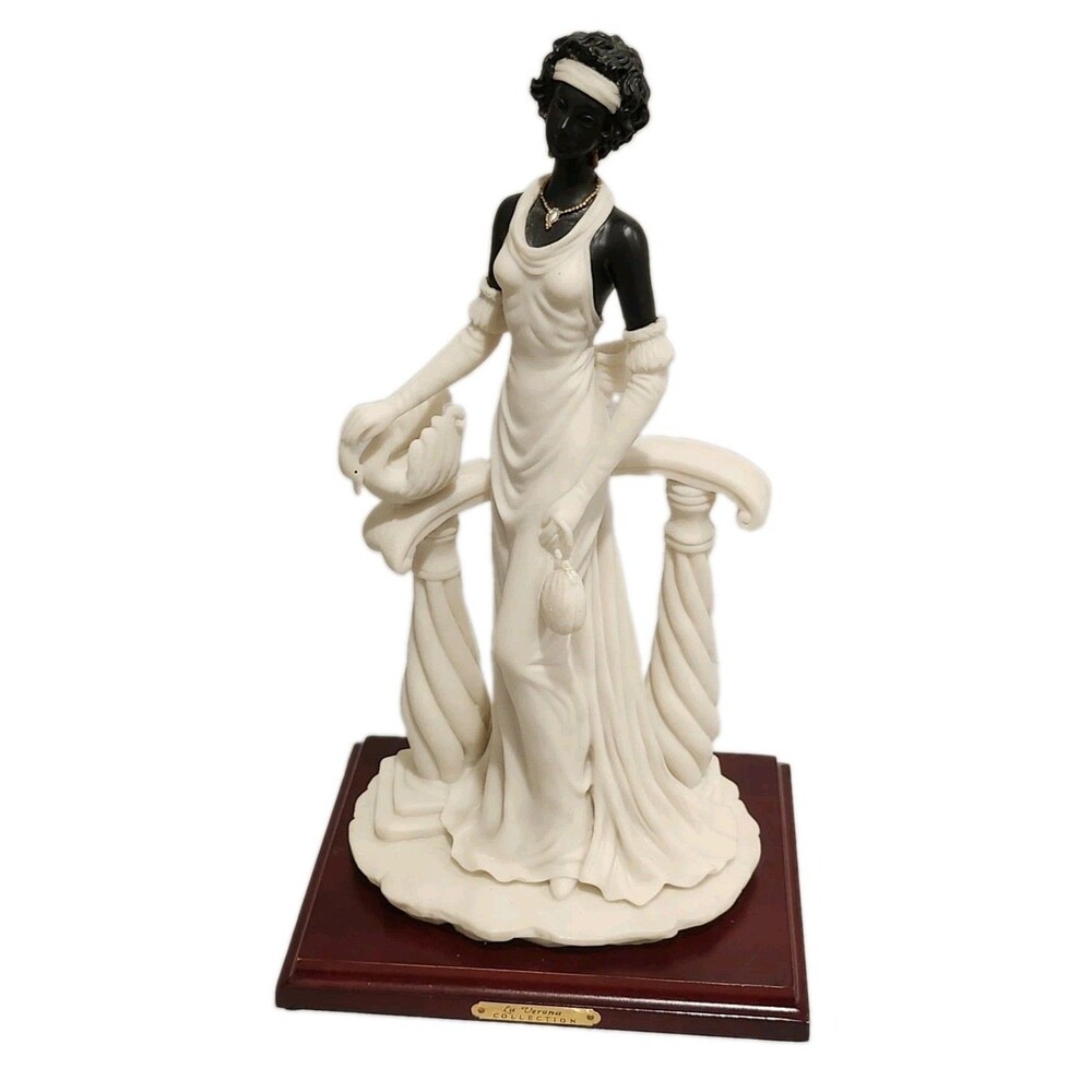 Vintage La Verona Collection Art Deco White And Black Female Figurine With Swan